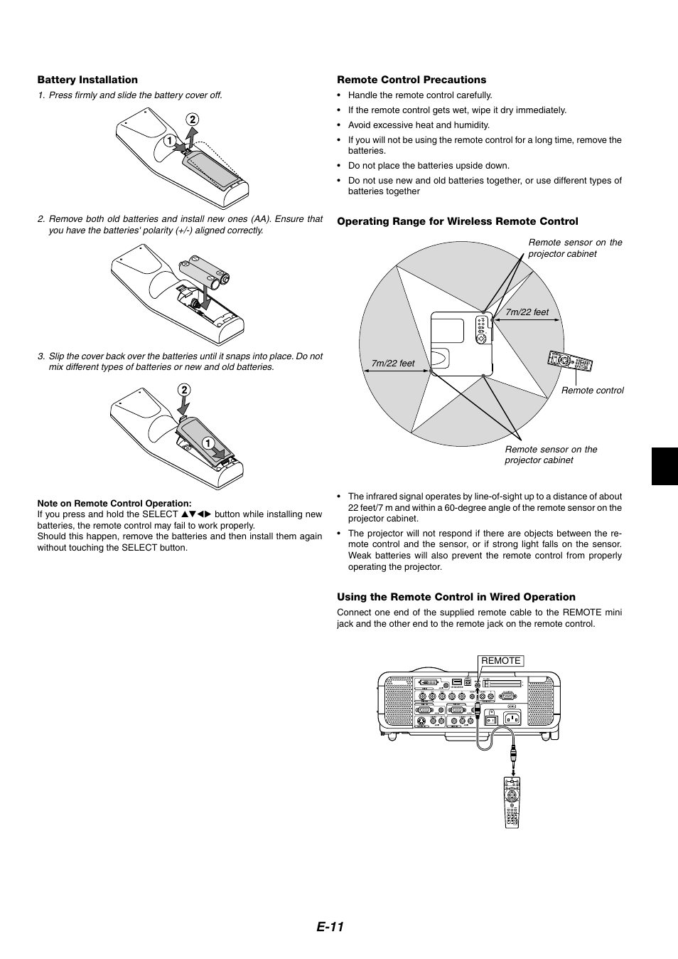 Battery installation, Remote control precautions, Operating range for wireless remote control | Using the remote control in wired operation, E-11 | NEC MT1075/MT1065 User Manual | Page 11 / 69