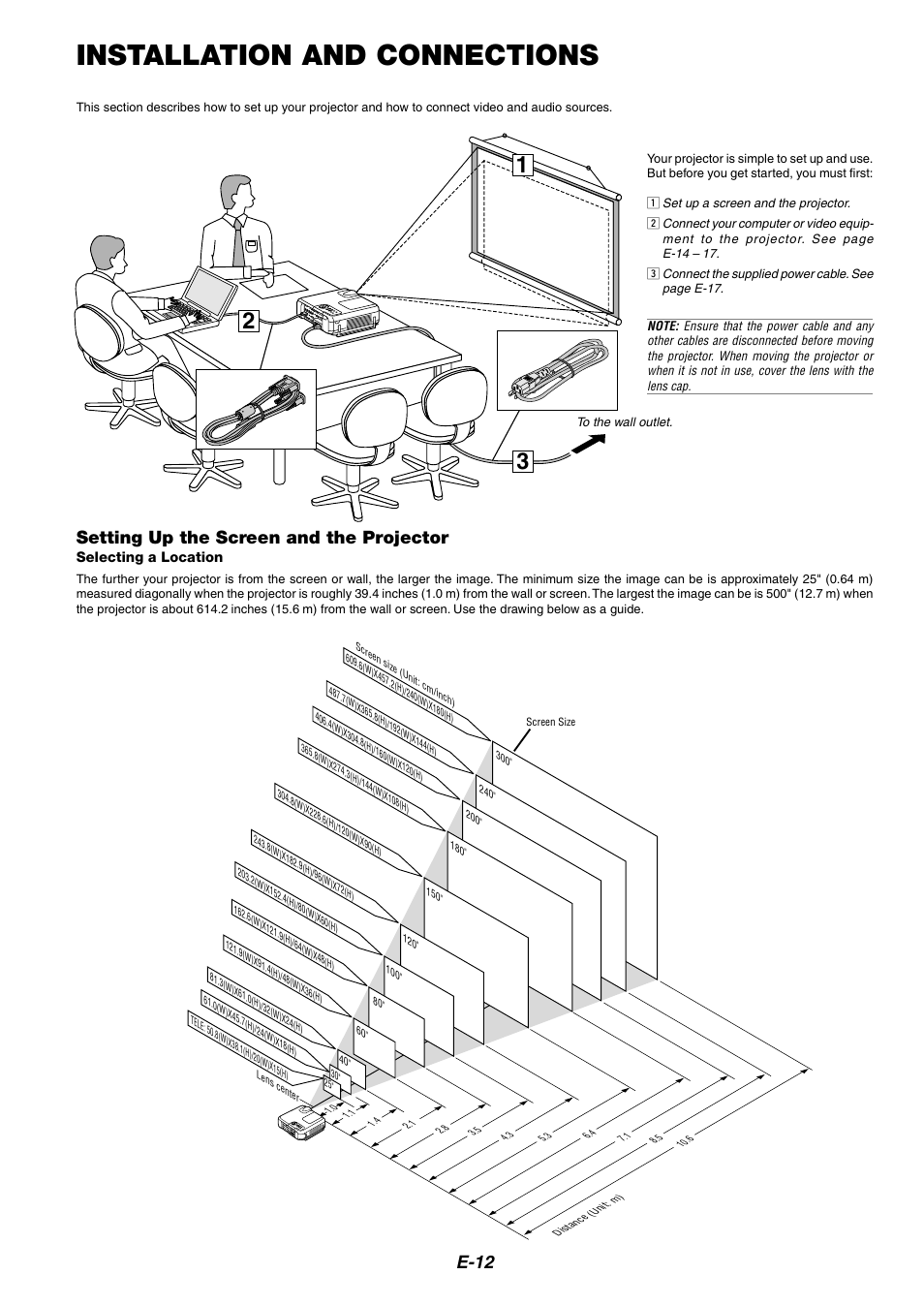 Installation and connections, Setting up the screen and the projector, Selecting a location | E-12 | NEC MT1075/MT1065 User Manual | Page 12 / 69