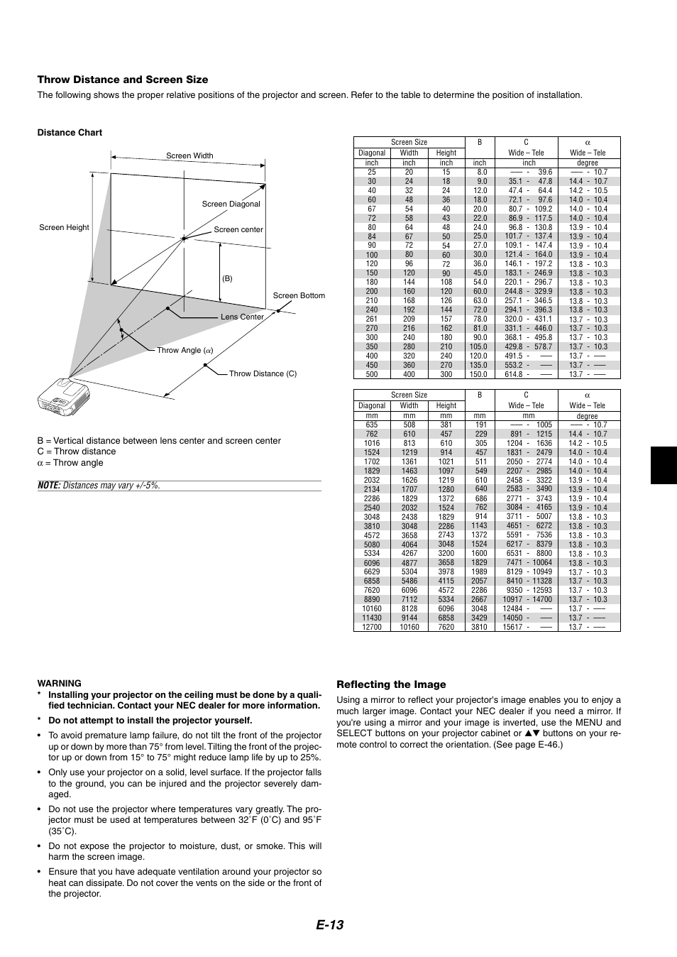 Throw distance and screen size, E-13 | NEC MT1075/MT1065 User Manual | Page 13 / 69