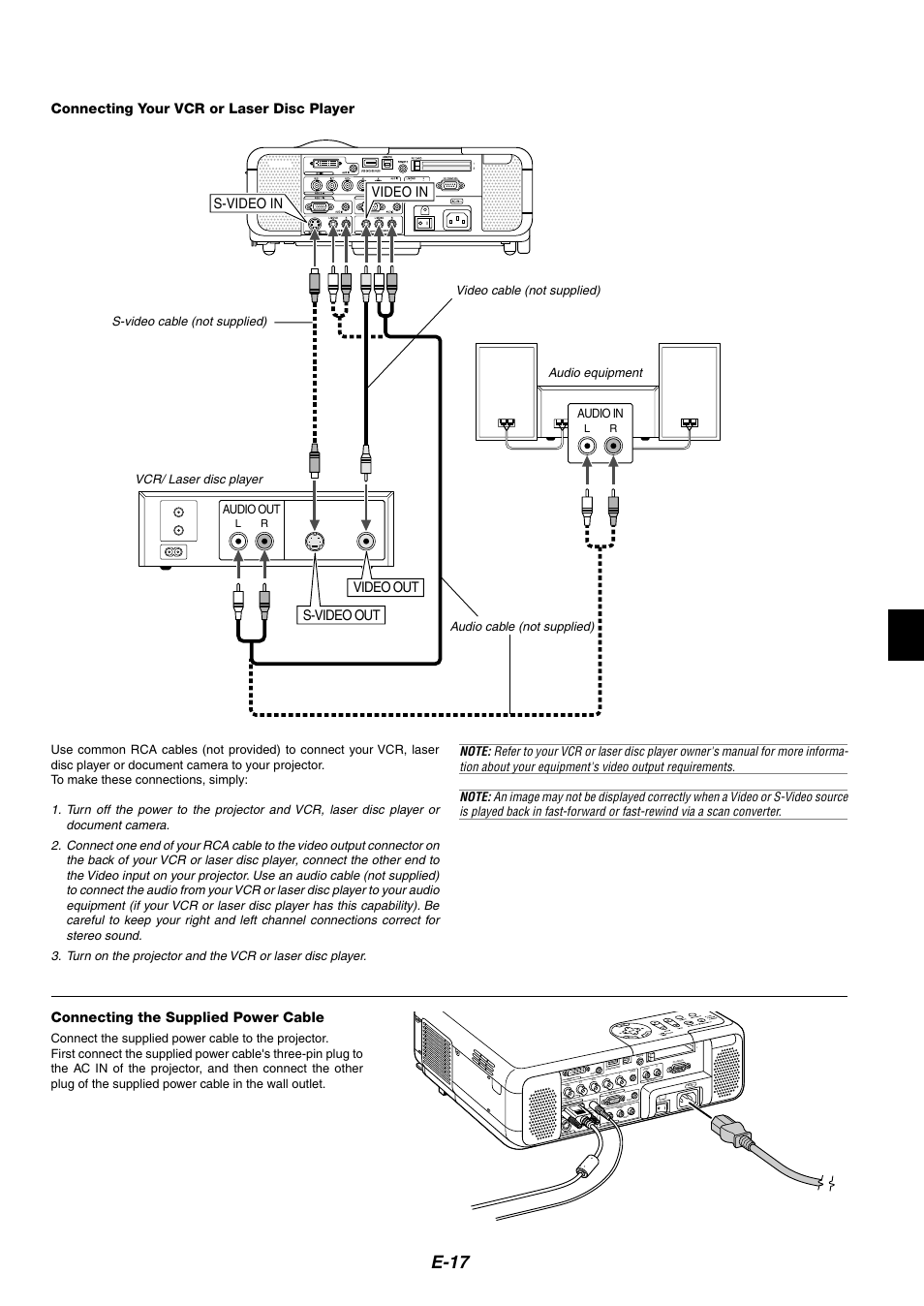Connecting your vcr or laser disc player, Connecting the supplied power cable, E-17 | S-video in, Video out video in s-video out, Vcr/ laser disc player, Audio out, Audio in | NEC MT1075/MT1065 User Manual | Page 17 / 69
