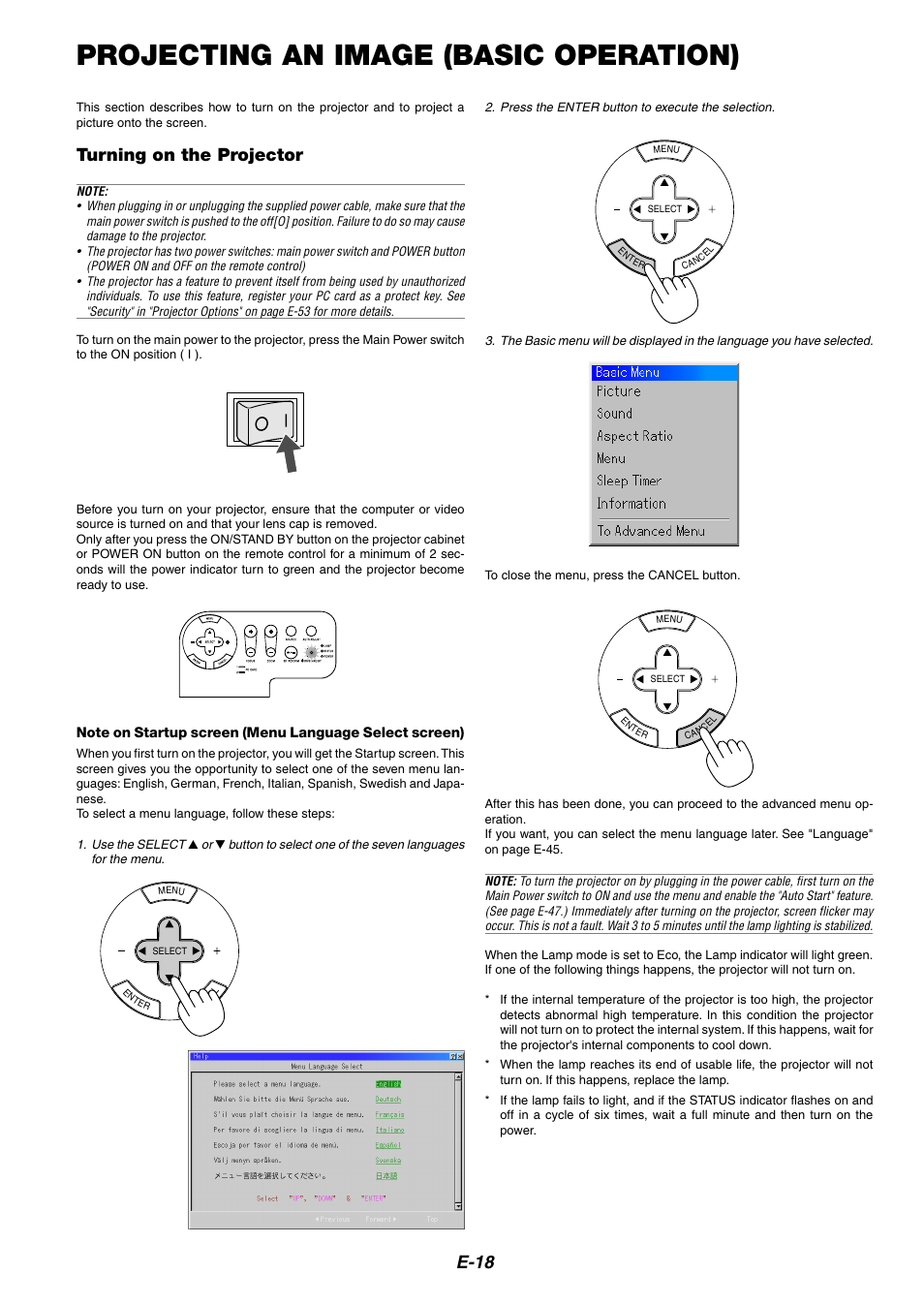 Projecting an image (basic operation), Tur ning on the projector, E-18 | Turning on the projector | NEC MT1075/MT1065 User Manual | Page 18 / 69