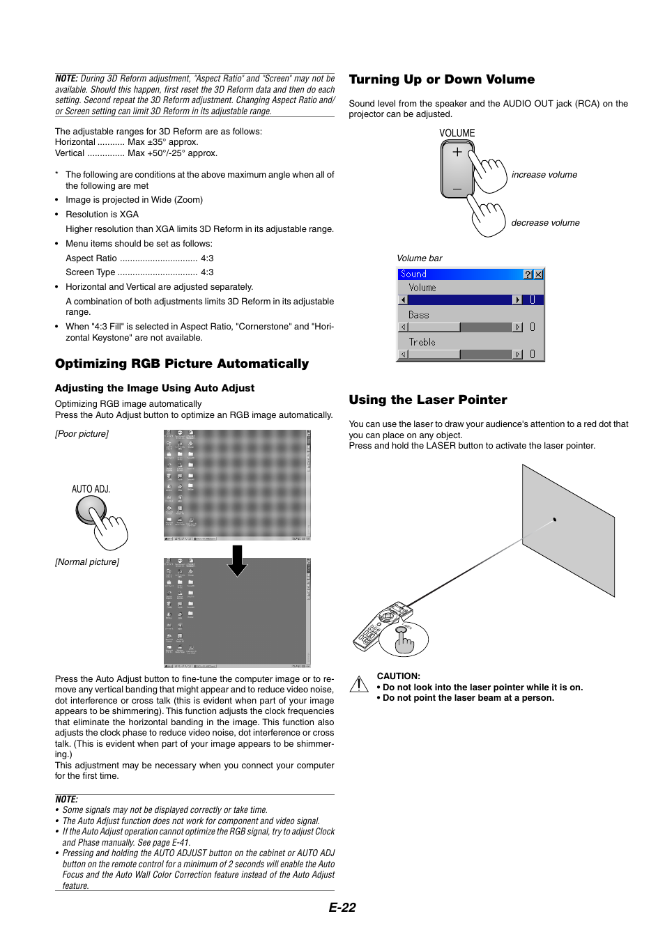 Optimizing rgb picture automatically, Tur ning up or down volume, Using the laser pointer | E-22 optimizing rgb picture automatically, Turning up or down volume | NEC MT1075/MT1065 User Manual | Page 22 / 69