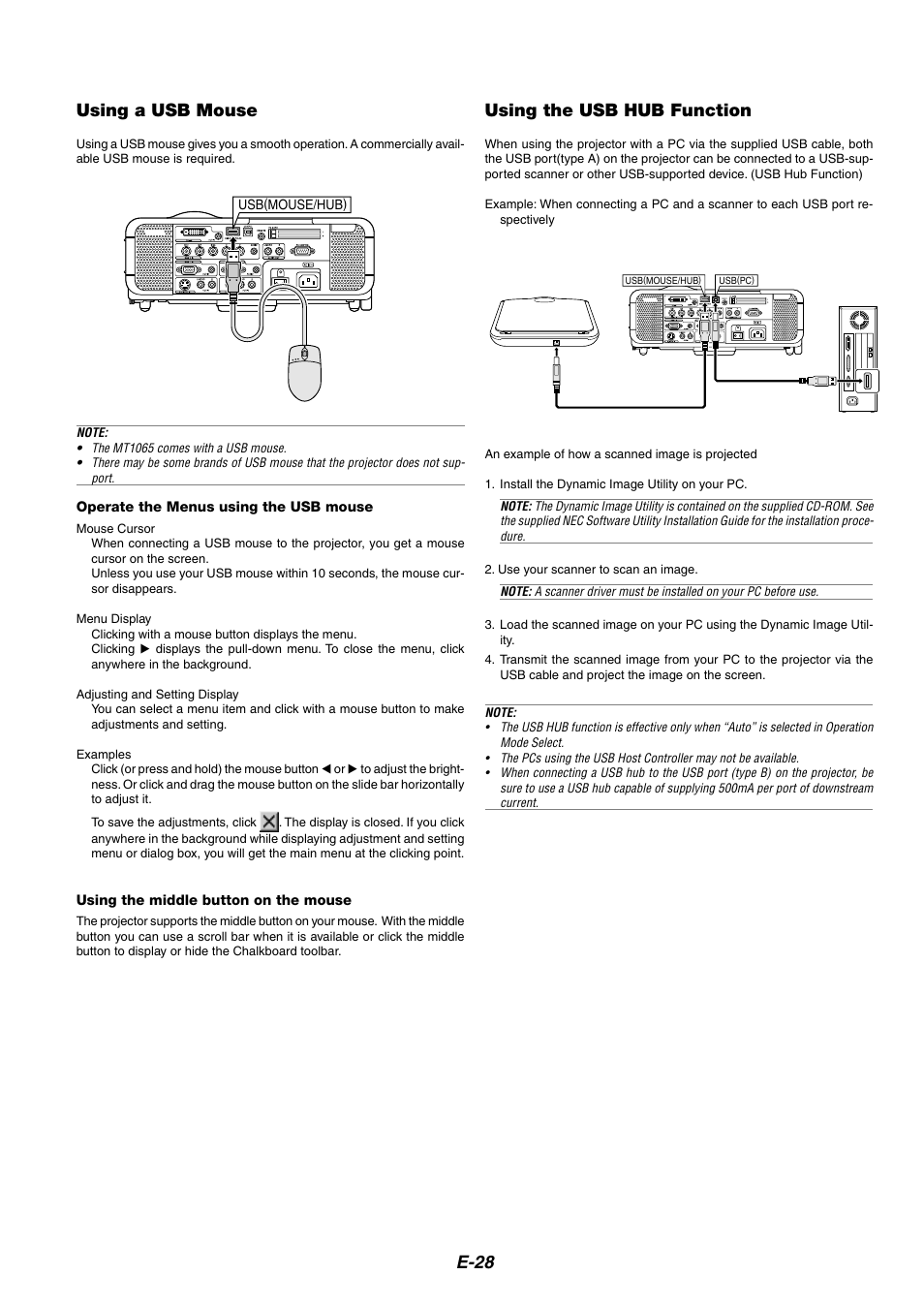 Using a usb mouse, Using the usb hub function, E-28 using a usb mouse | NEC MT1075/MT1065 User Manual | Page 28 / 69