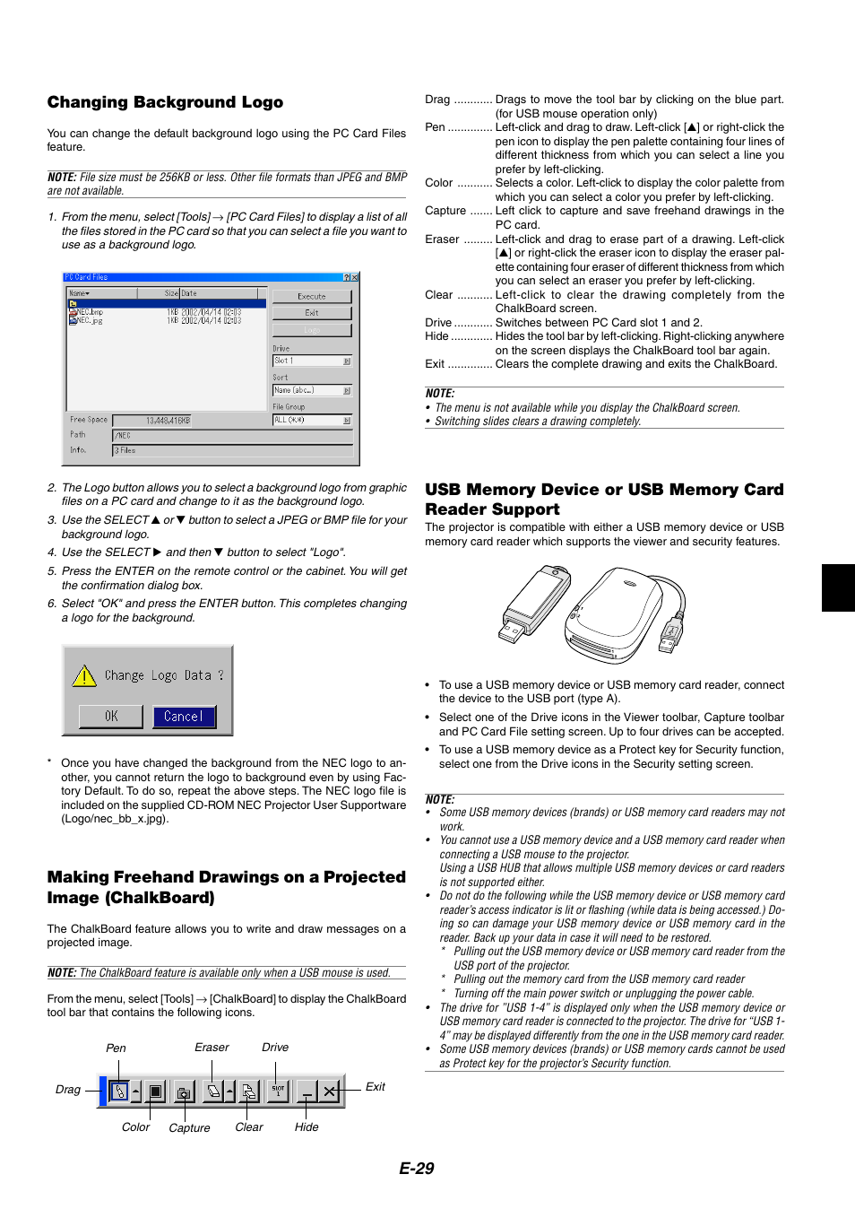 Changing background logo, E-29 changing background logo | NEC MT1075/MT1065 User Manual | Page 29 / 69