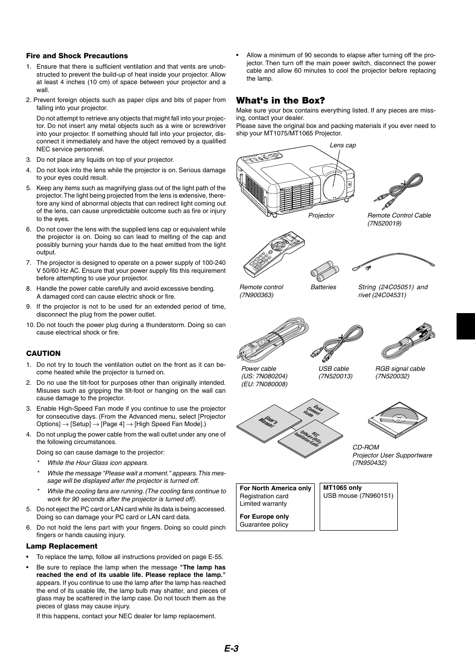 What's in the box | NEC MT1075/MT1065 User Manual | Page 3 / 69
