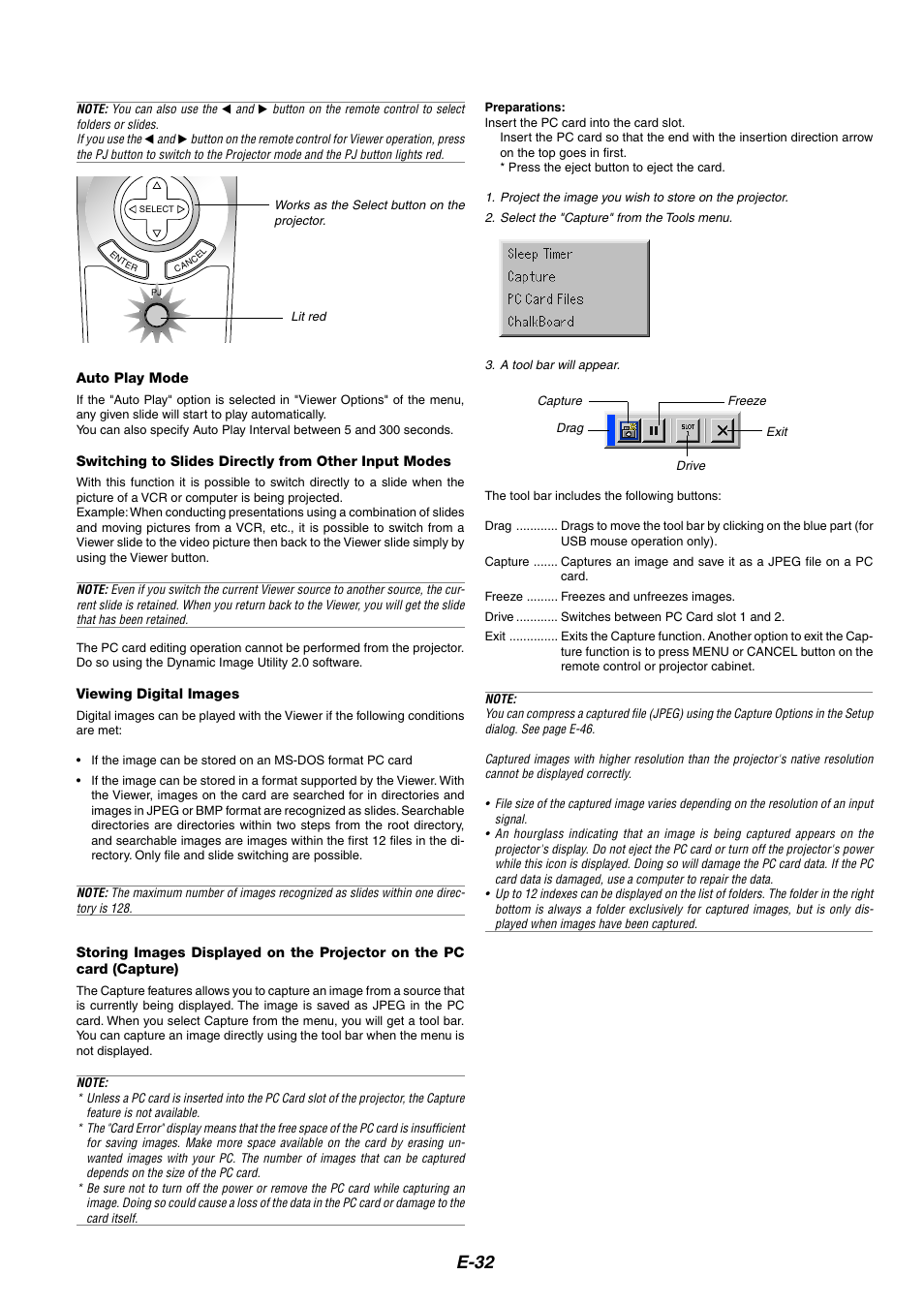 Auto play mode, Viewing digital images, E-32 | NEC MT1075/MT1065 User Manual | Page 32 / 69