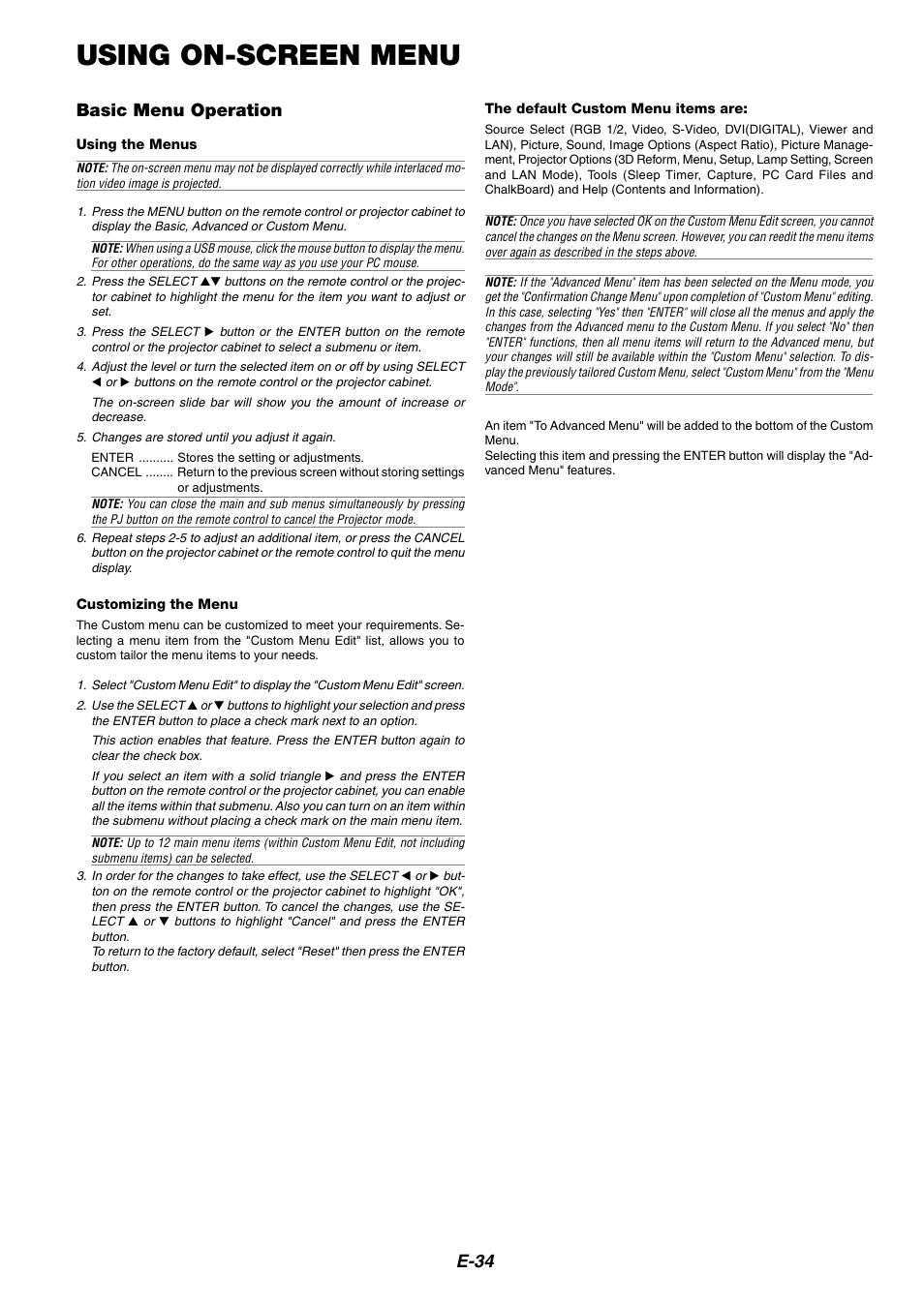 Using on-screen menu, Basic menu operation, Using the menus | Customizing the menu, The default custom menu items are, E-34 | NEC MT1075/MT1065 User Manual | Page 34 / 69