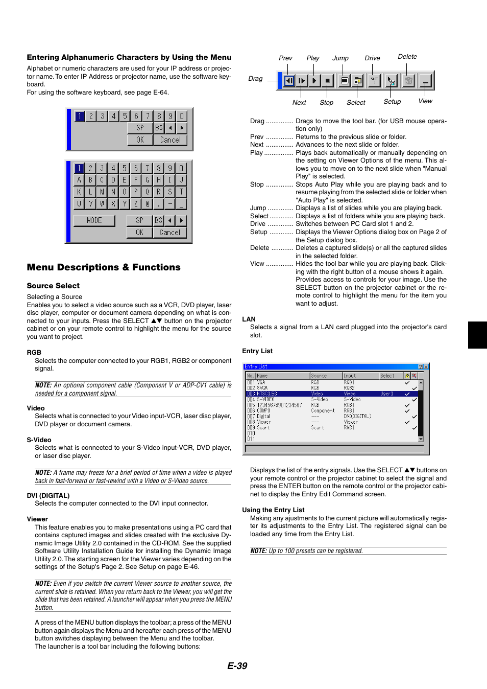 Entering alphanumeric characters by using the menu, Menu descriptions & functions, Source select | E-39 | NEC MT1075/MT1065 User Manual | Page 39 / 69