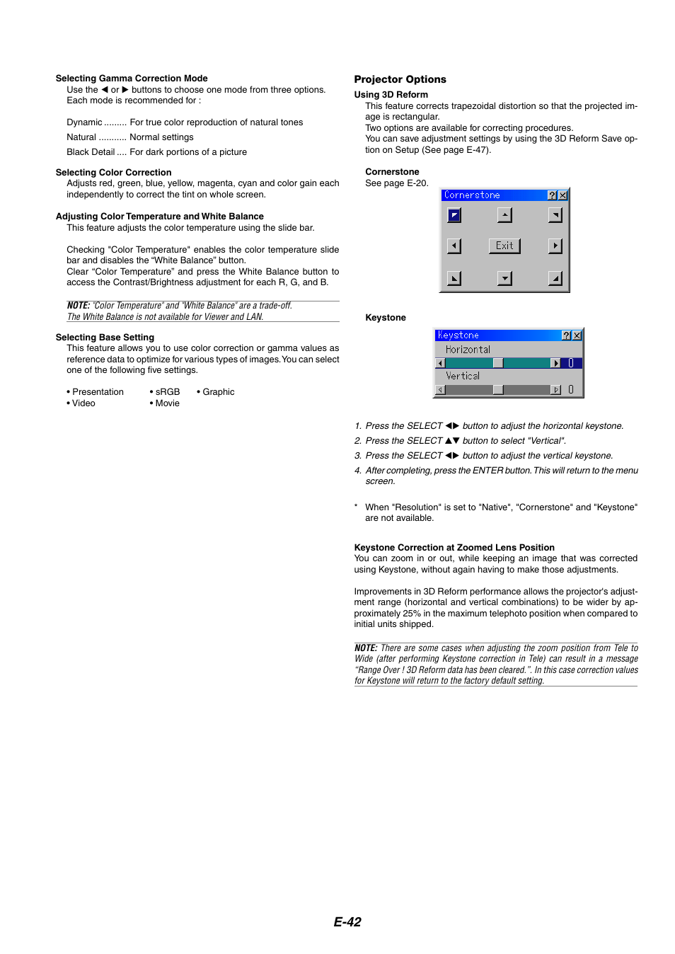 Projector options, E-42 | NEC MT1075/MT1065 User Manual | Page 42 / 69