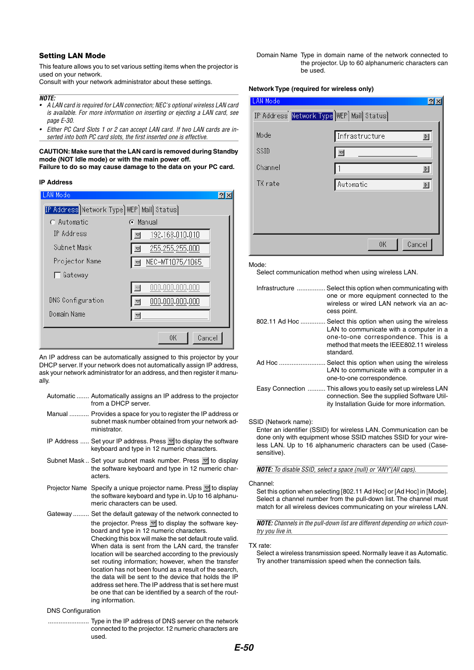 Setting lan mode, E-50 | NEC MT1075/MT1065 User Manual | Page 50 / 69