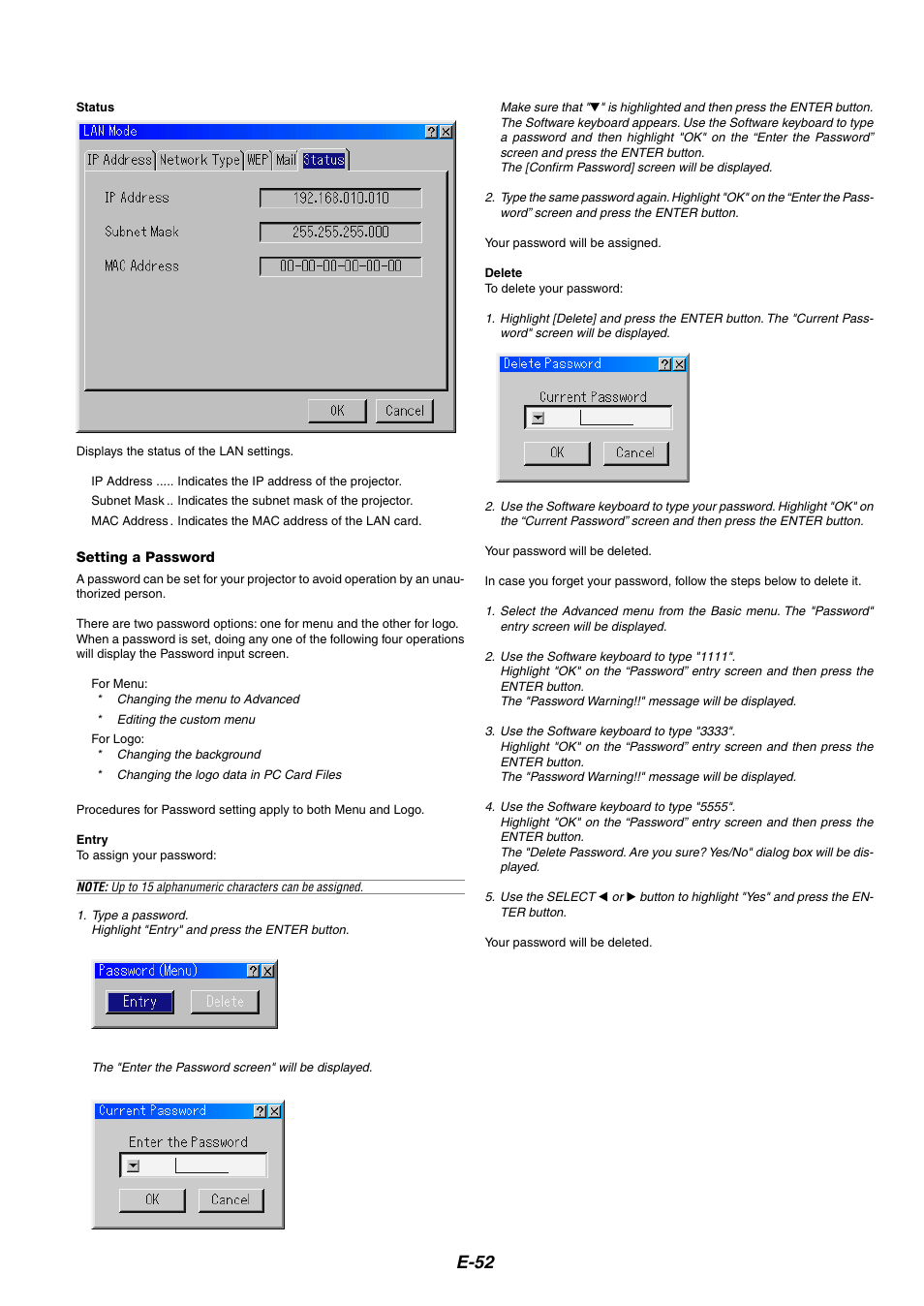 Setting a password, E-52 | NEC MT1075/MT1065 User Manual | Page 52 / 69