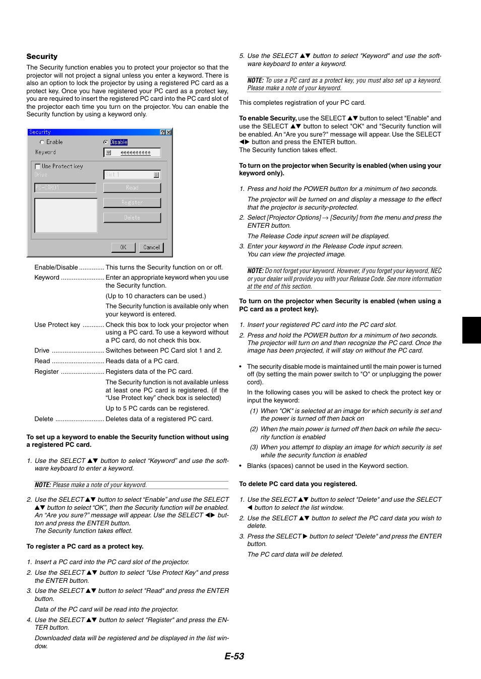 Security, E-53 | NEC MT1075/MT1065 User Manual | Page 53 / 69