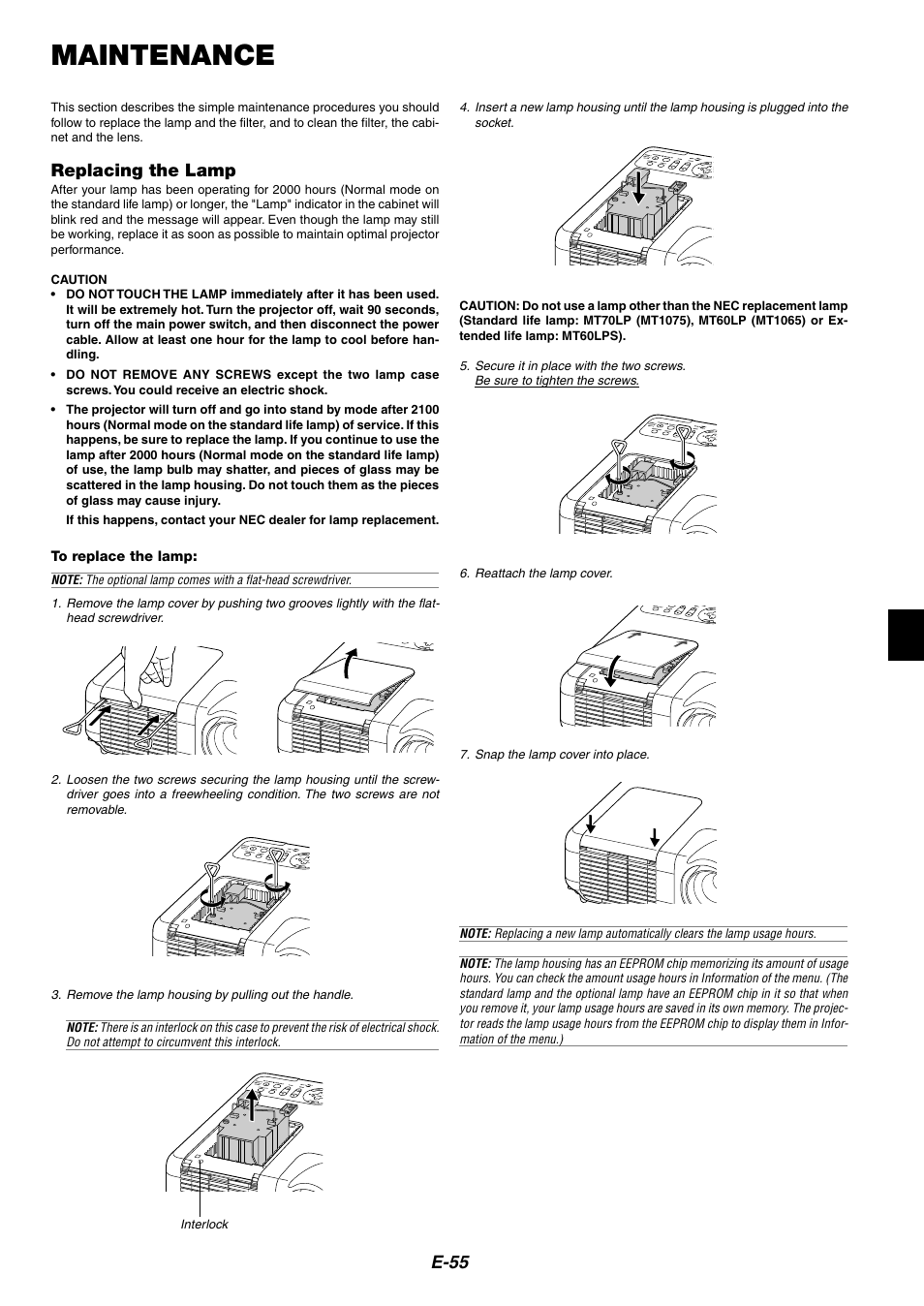 Maintenance, Replacing the lamp, E-55 | NEC MT1075/MT1065 User Manual | Page 55 / 69