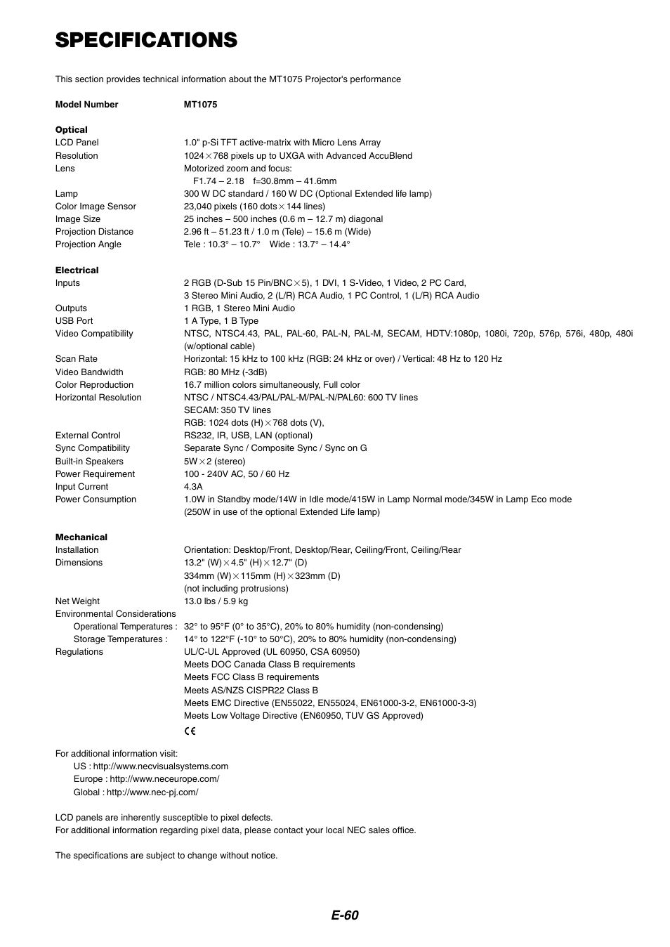 Specifications, E-60 | NEC MT1075/MT1065 User Manual | Page 60 / 69