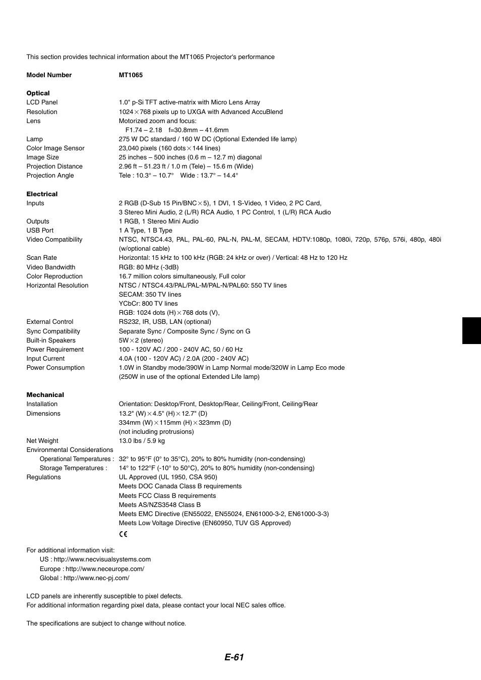 E-61 | NEC MT1075/MT1065 User Manual | Page 61 / 69