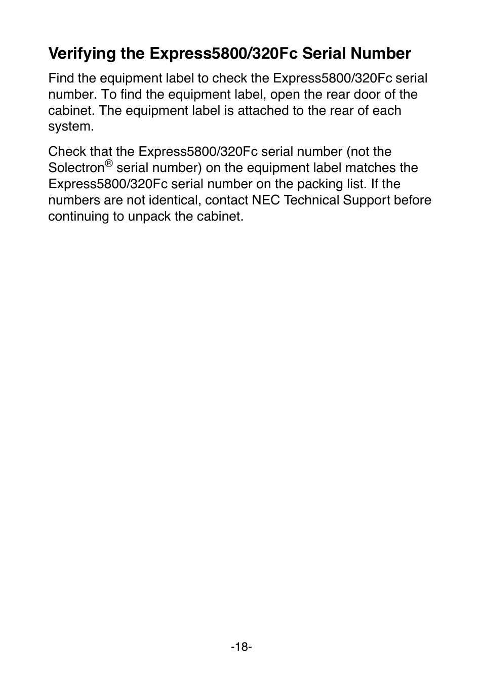 Verifying the express5800/320maserial number, Verifying the express5800/320, Serial number | NEC Express 456-01721-000 User Manual | Page 22 / 26