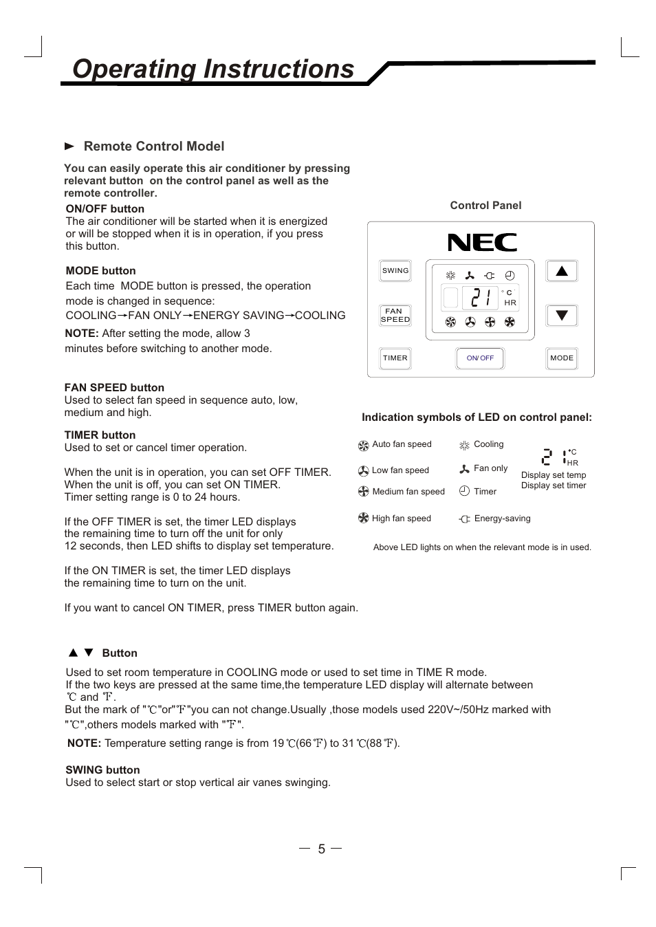 Т³гж 6, Operating instructions, Remote control model 5 | NEC RWC-4717 User Manual | Page 6 / 15