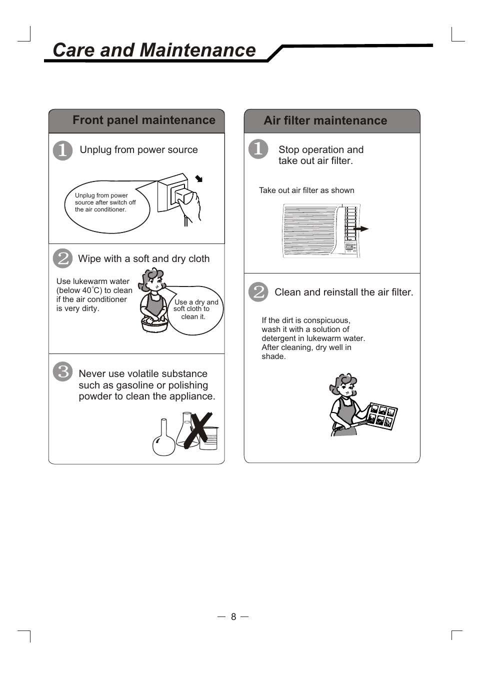 Т³гж 9, Care and maintenance, Front panel maintenance air filter maintenance | NEC RWC-4717 User Manual | Page 9 / 15