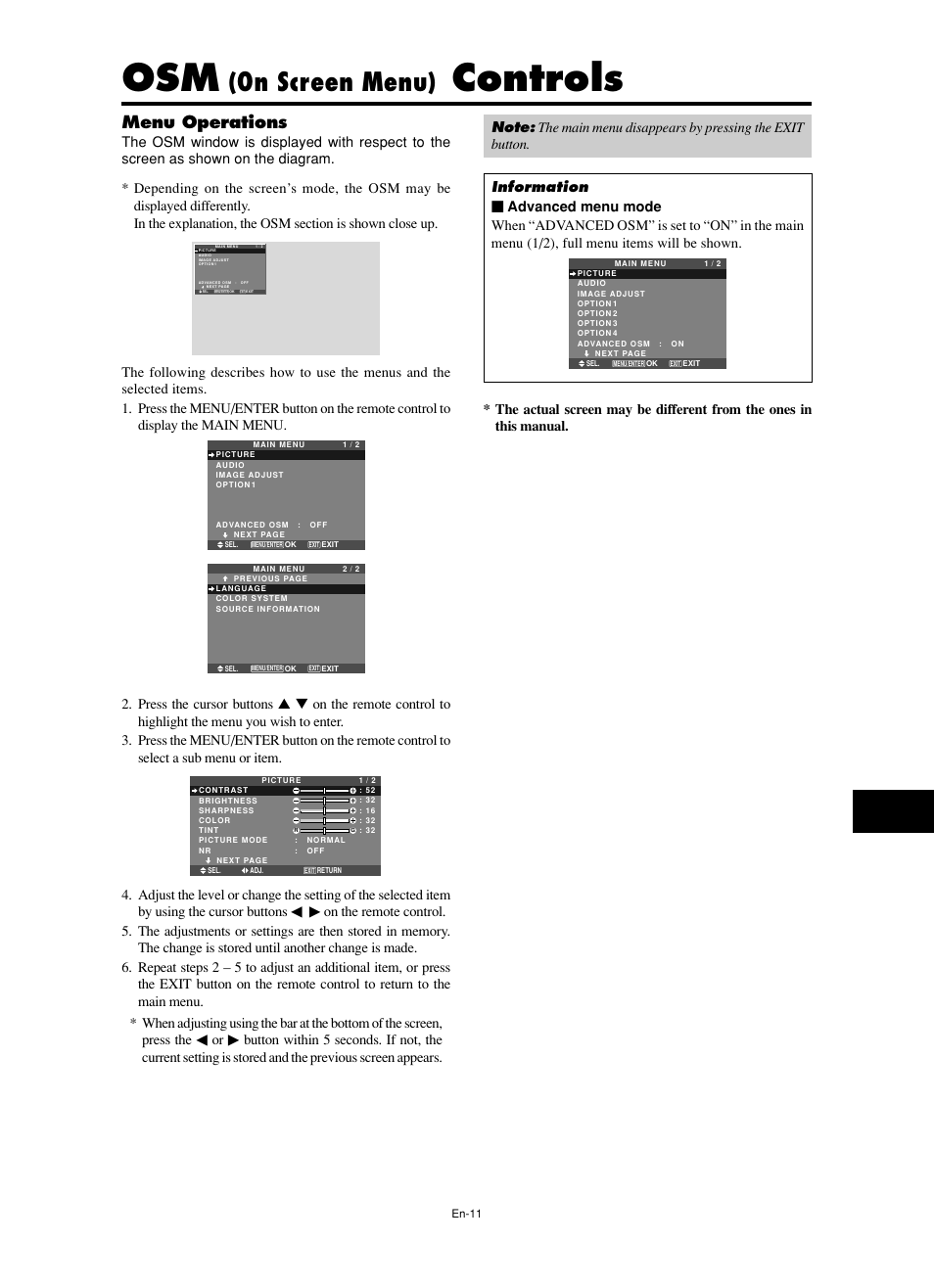 Controls, On screen menu), Menu operations | NEC PX-60XM5A  EU User Manual | Page 13 / 68