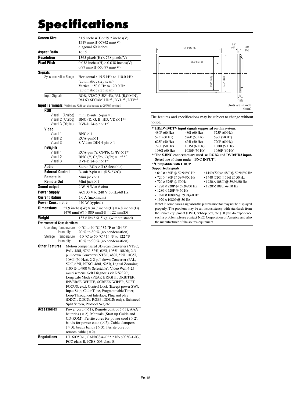 Specifications | NEC PX-60XM5A  EU User Manual | Page 17 / 68