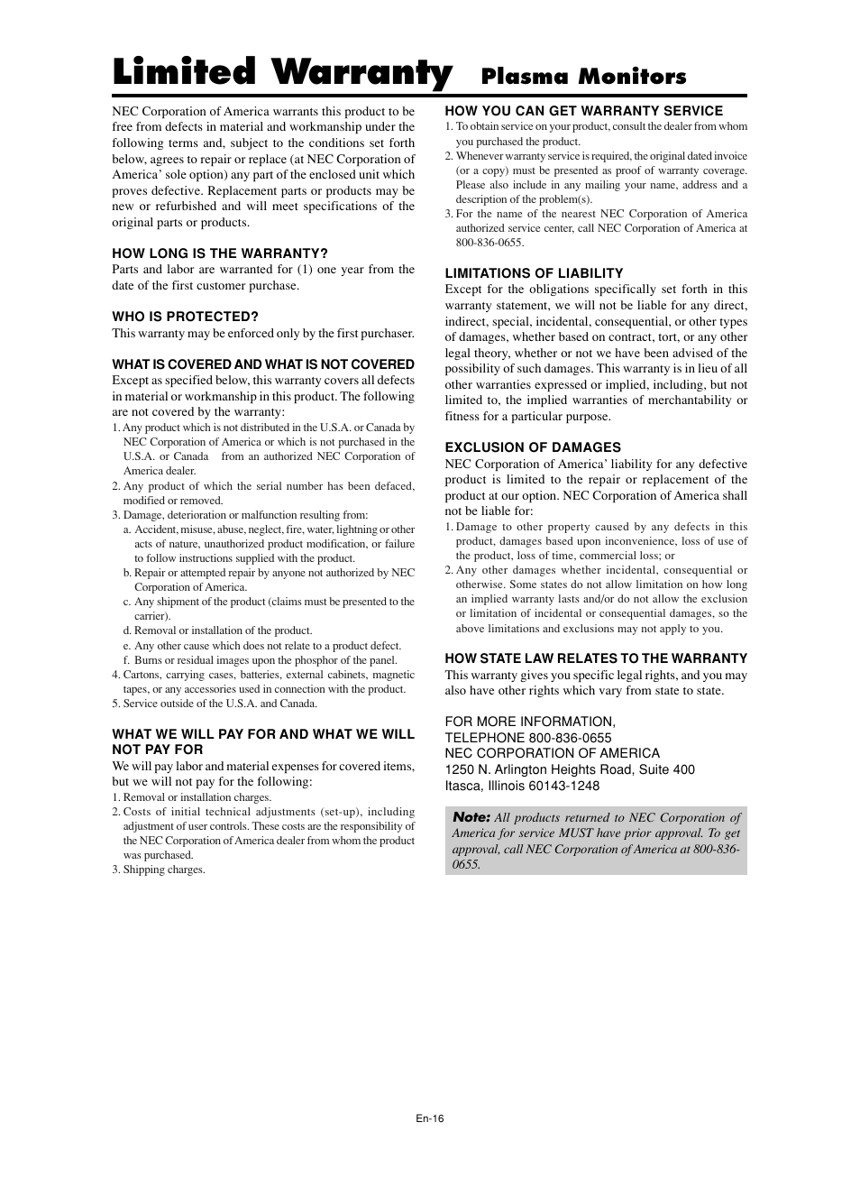 Limited warranty, Plasma monitors | NEC PX-60XM5A  EU User Manual | Page 18 / 68