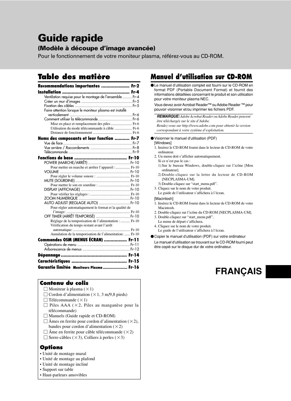 Guide rapide, Français, Manuel d’utilisation sur cd-rom | Table des matière, Modèle à découpe d’image avancée) | NEC PX-60XM5A  EU User Manual | Page 19 / 68