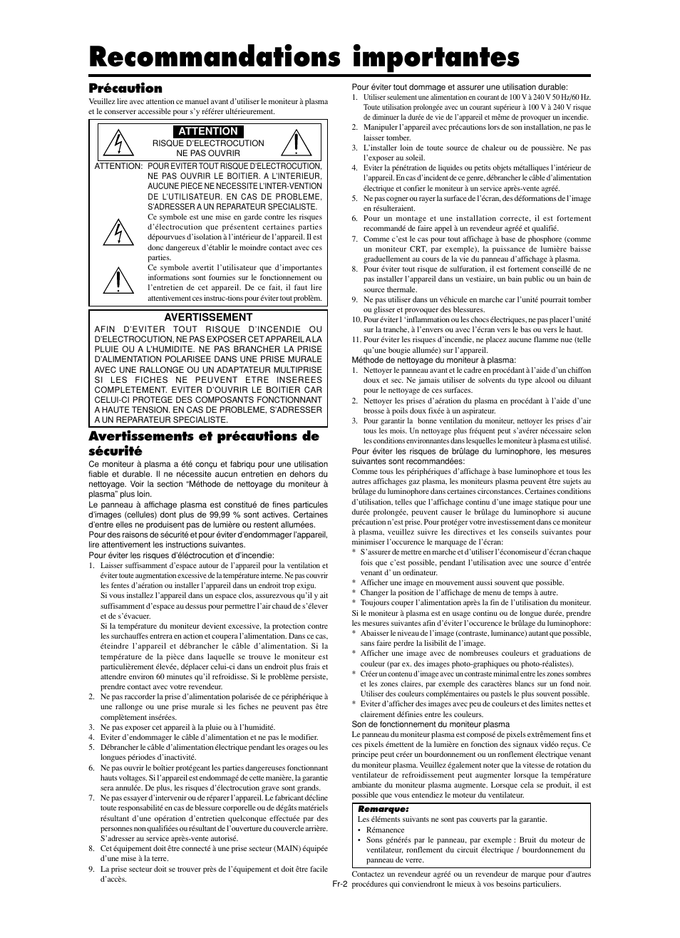 Recommandations importantes, Précaution, Avertissements et précautions de sécurité | NEC PX-60XM5A  EU User Manual | Page 20 / 68