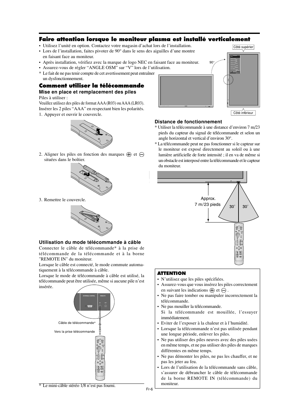 Comment utiliser la télécommande, Mise en place et remplacement des piles, Utilisation du mode télécommande à câble | Distance de fonctionnement | NEC PX-60XM5A  EU User Manual | Page 24 / 68