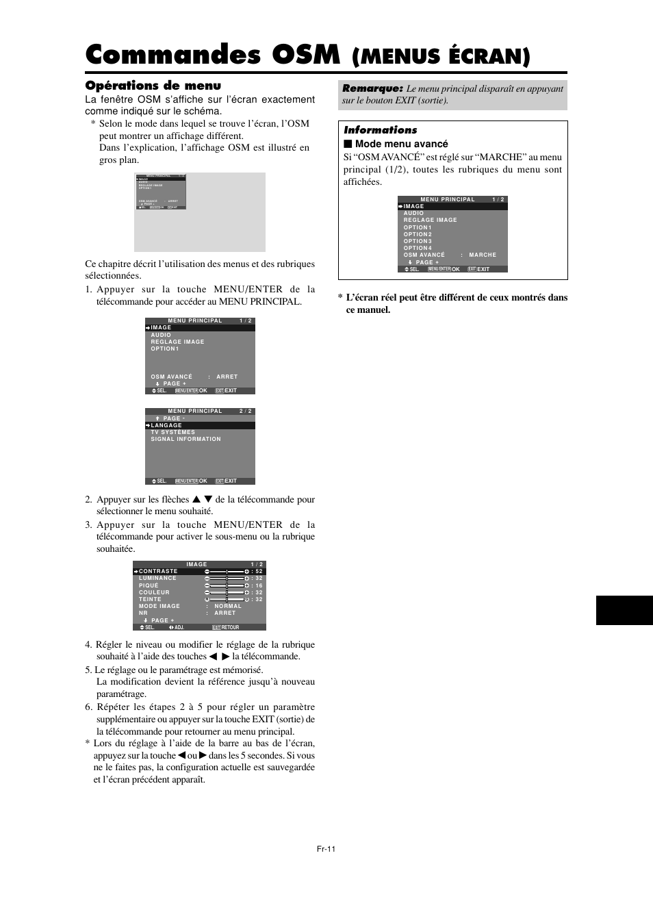 Commandes osm, Menus écran), Opérations de menu | NEC PX-60XM5A  EU User Manual | Page 29 / 68