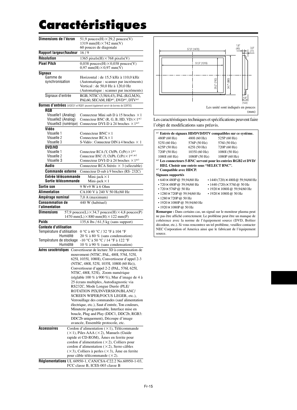 Caractéristiques | NEC PX-60XM5A  EU User Manual | Page 33 / 68