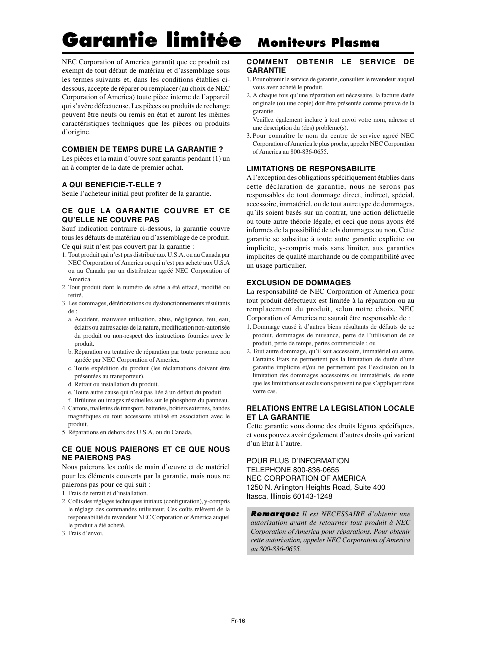 Garantie limitée, Moniteurs plasma | NEC PX-60XM5A  EU User Manual | Page 34 / 68