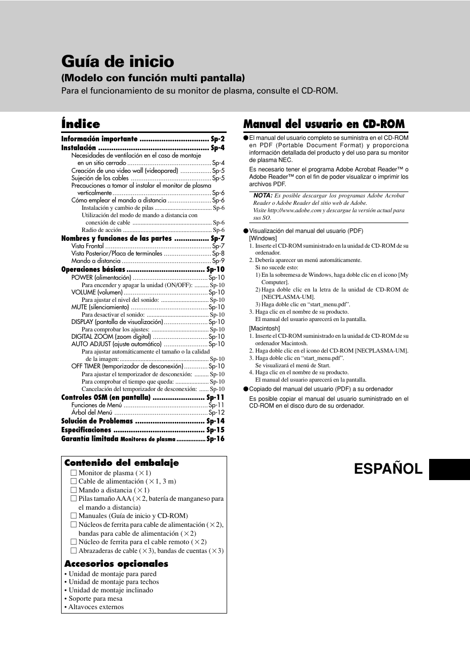 Guía de inicio, Español, Manual del usuario en cd-rom | Índice, Modelo con función multi pantalla) | NEC PX-60XM5A  EU User Manual | Page 35 / 68