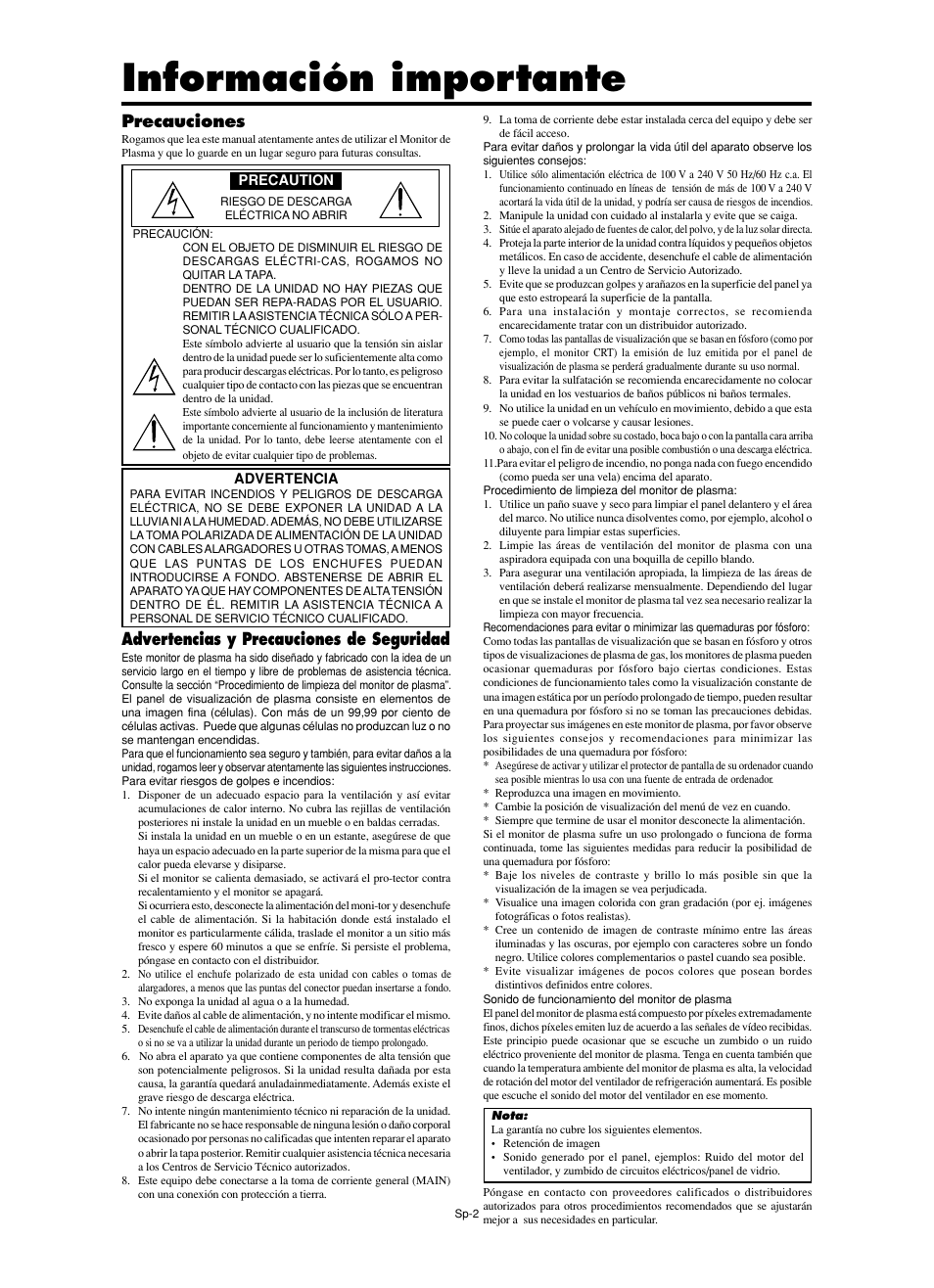 Información importante, Precauciones, Advertencias y precauciones de seguridad | NEC PX-60XM5A  EU User Manual | Page 36 / 68