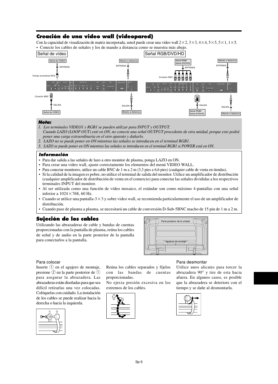 Sujeción de los cables, Creación de una video wall (videopared), Mono) | Sp-5 | NEC PX-60XM5A  EU User Manual | Page 39 / 68