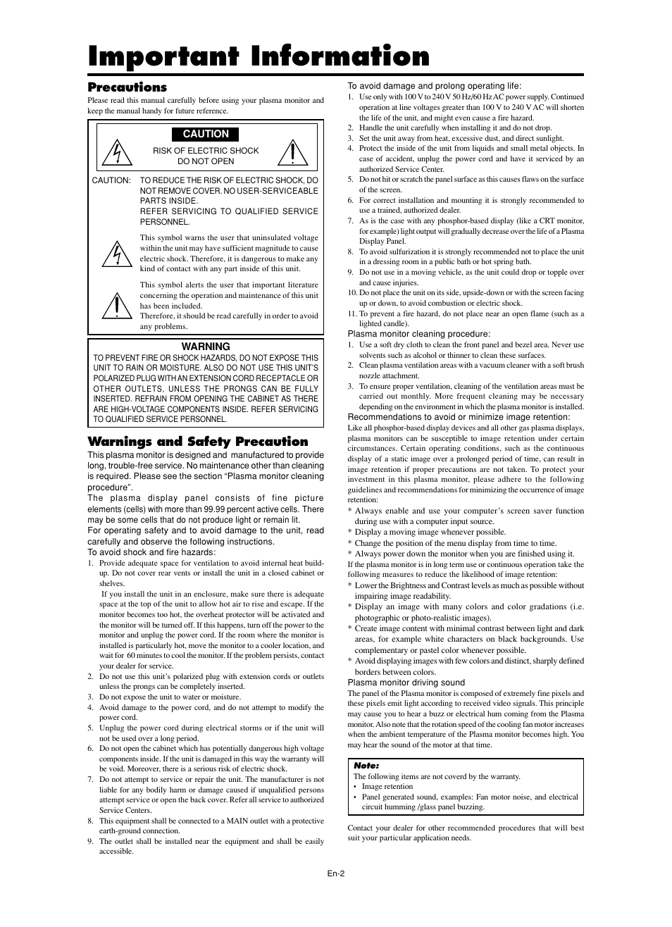 Important information, Precautions, Warnings and safety precaution | NEC PX-60XM5A  EU User Manual | Page 4 / 68