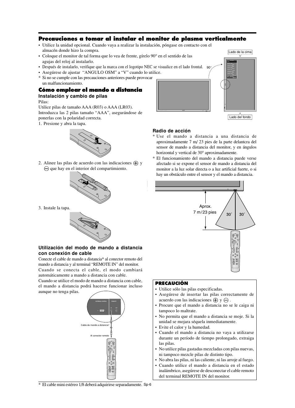 Cómo emplear el mando a distancia, Instalación y cambio de pilas, Radio de acción | NEC PX-60XM5A  EU User Manual | Page 40 / 68