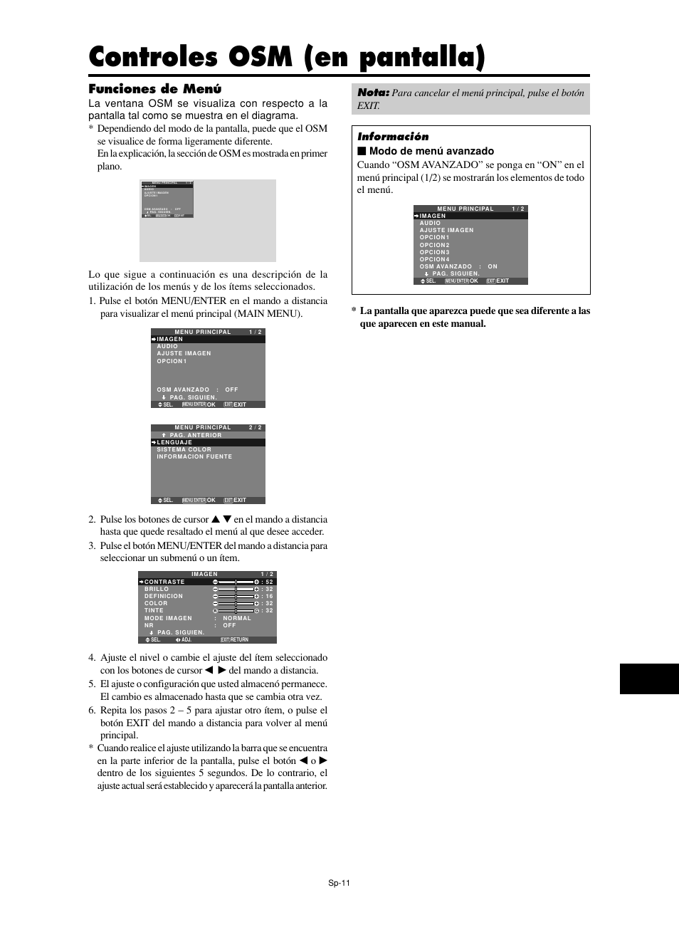 Controles osm (en pantalla), Funciones de menú | NEC PX-60XM5A  EU User Manual | Page 45 / 68