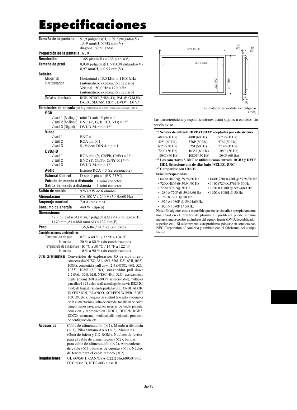 Especificaciones | NEC PX-60XM5A  EU User Manual | Page 49 / 68