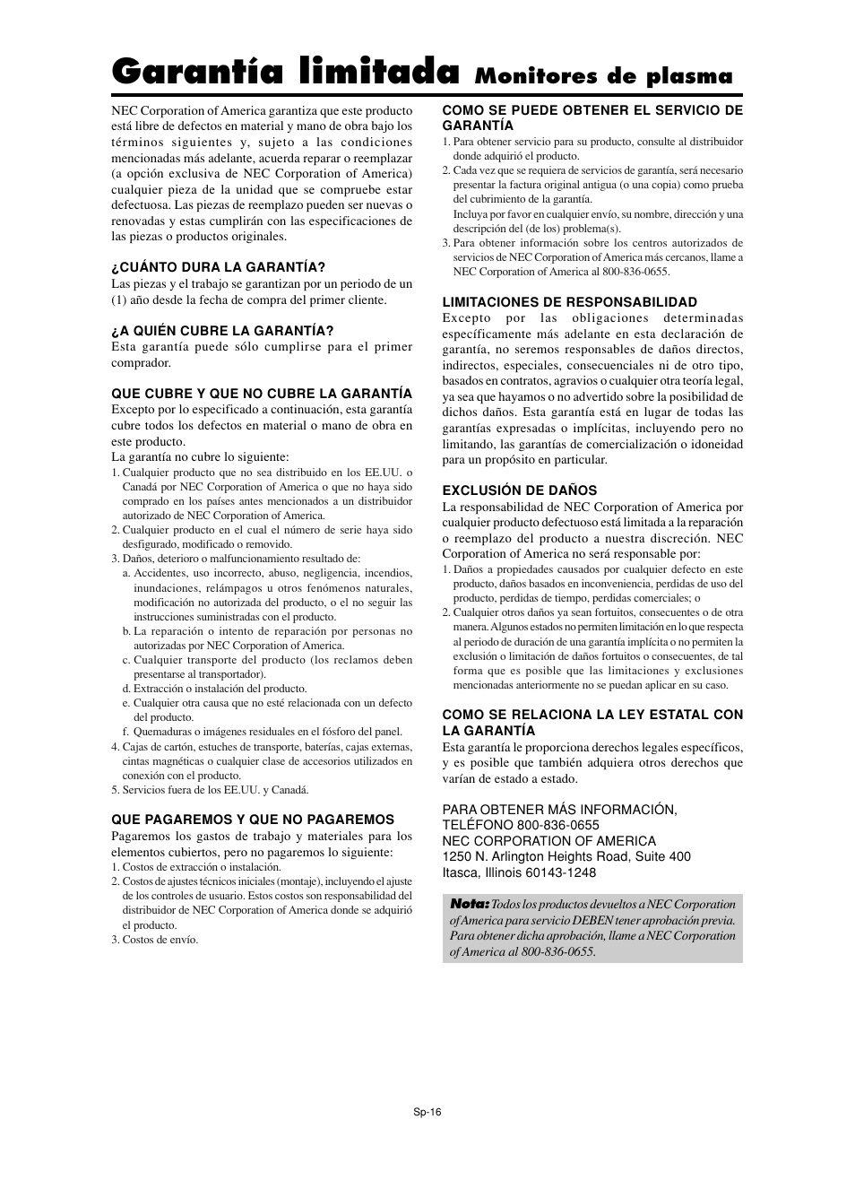 Garantía limitada, Monitores de plasma | NEC PX-60XM5A  EU User Manual | Page 50 / 68