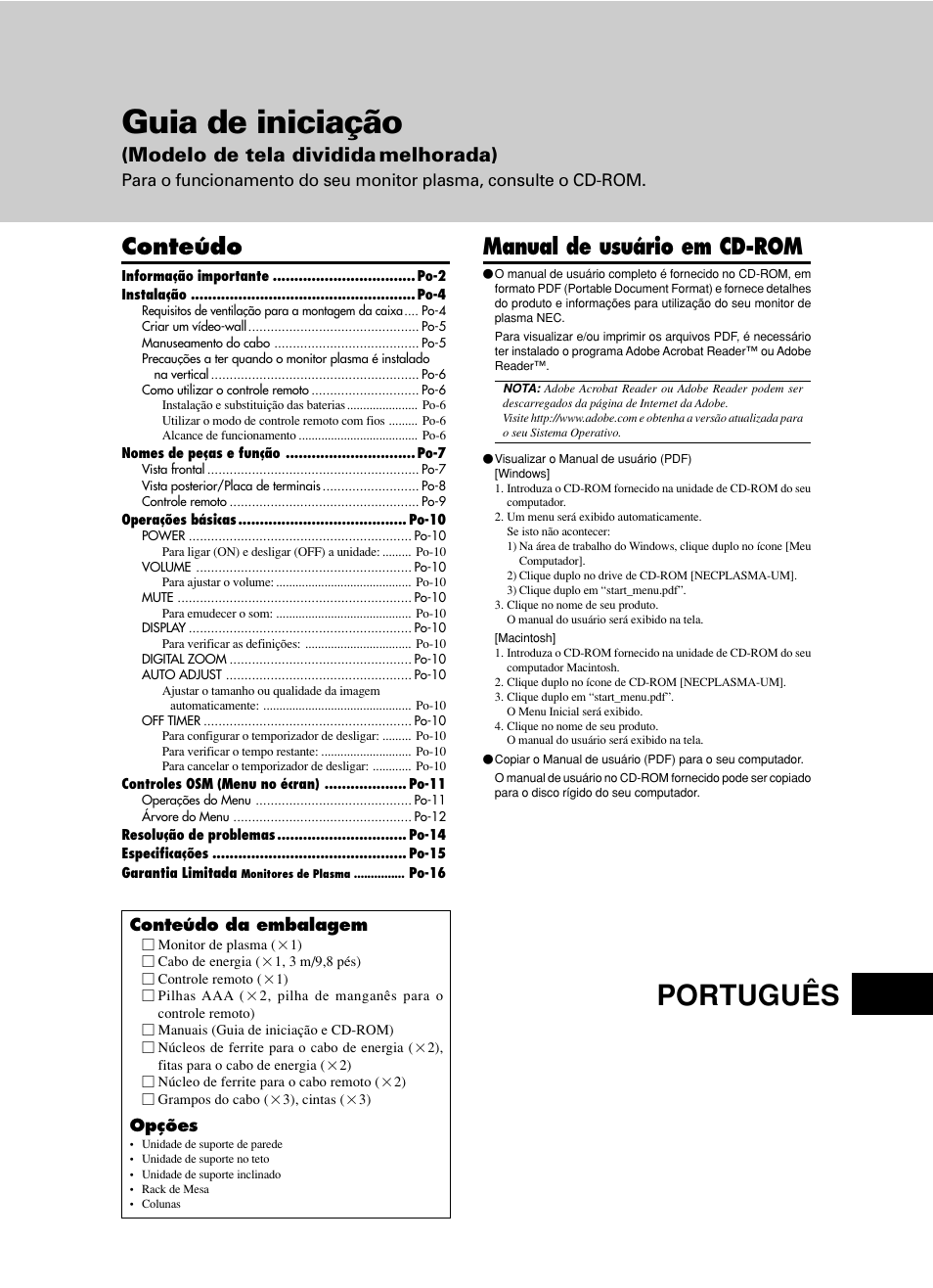 Guia de iniciação, Português, Manual de usuário em cd-rom | Conteúdo, Modelo de tela dividida melhorada) | NEC PX-60XM5A  EU User Manual | Page 51 / 68