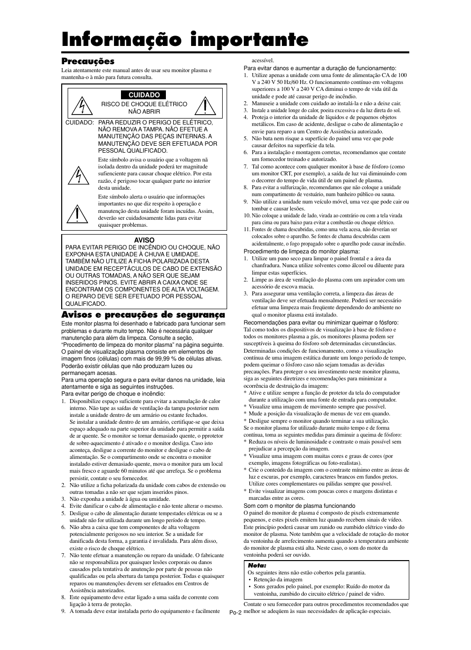 Informação importante, Precauções, Avisos e precauções de segurança | NEC PX-60XM5A  EU User Manual | Page 52 / 68