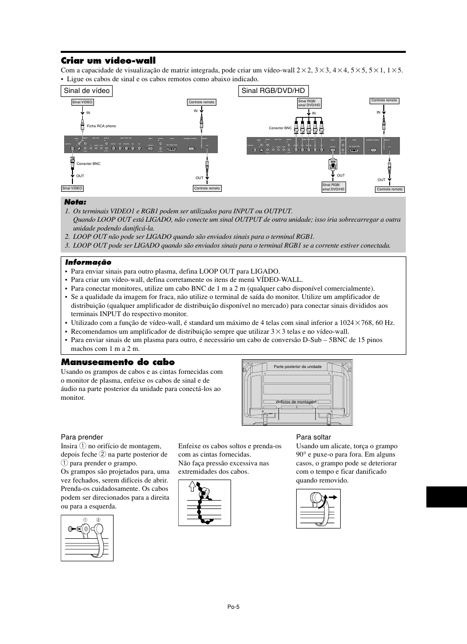 Criar um vídeo-wall, Manuseamento do cabo, Mono) | Po-5 | NEC PX-60XM5A  EU User Manual | Page 55 / 68