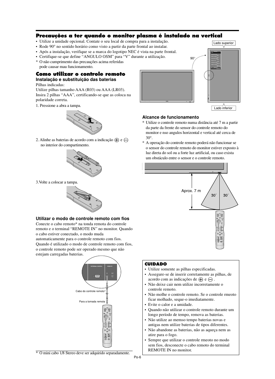 Como utilizar o controle remoto, Instalação e substituição das baterias, Utilizar o modo de controle remoto com fios | Alcance de funcionamento | NEC PX-60XM5A  EU User Manual | Page 56 / 68