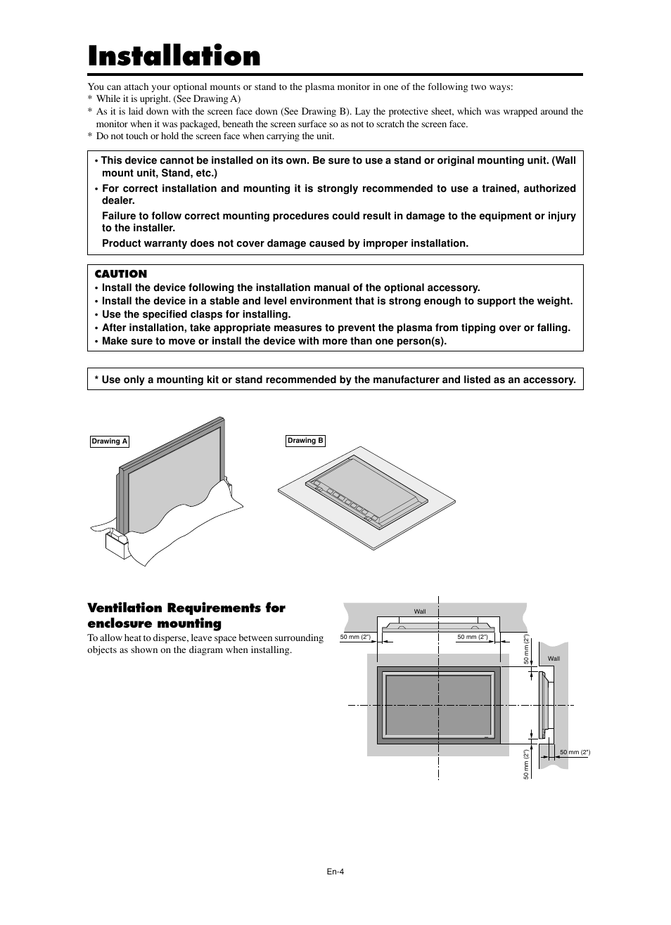 Installation, Ventilation requirements for enclosure mounting | NEC PX-60XM5A  EU User Manual | Page 6 / 68