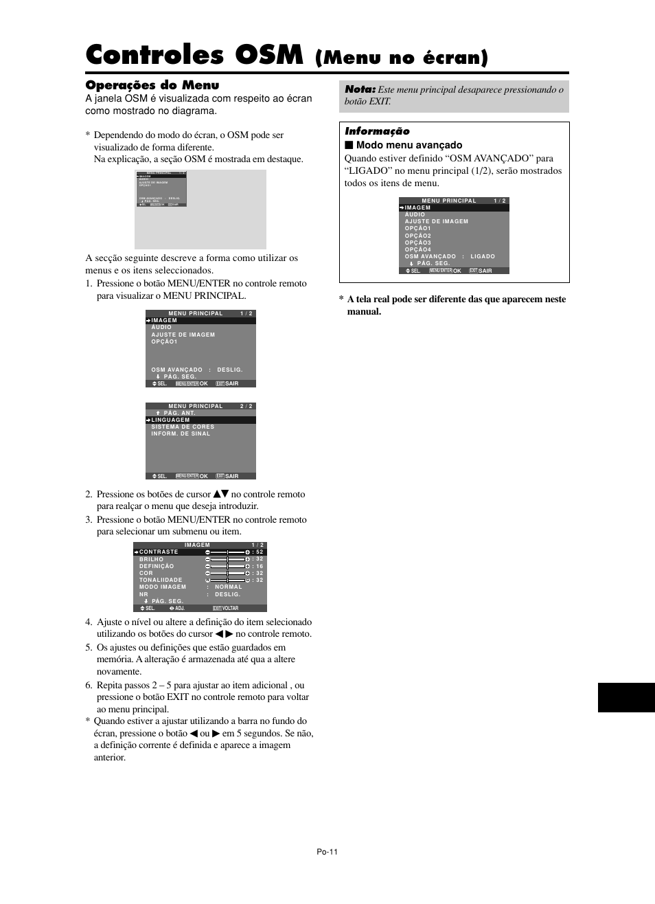 Controles osm, Menu no écran), Operações do menu | Pressione os botões de cursor | NEC PX-60XM5A  EU User Manual | Page 61 / 68