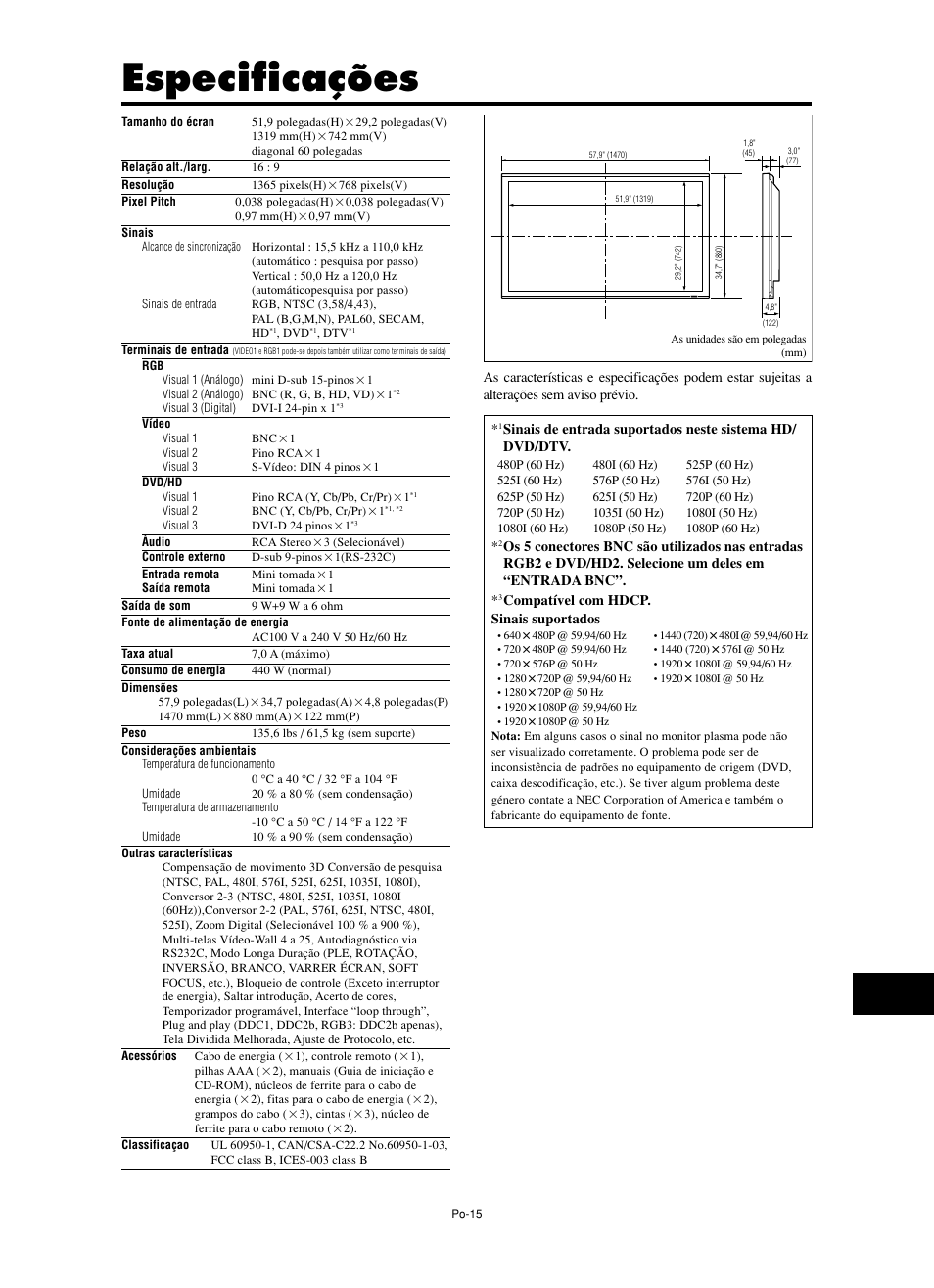 Especificações | NEC PX-60XM5A  EU User Manual | Page 65 / 68