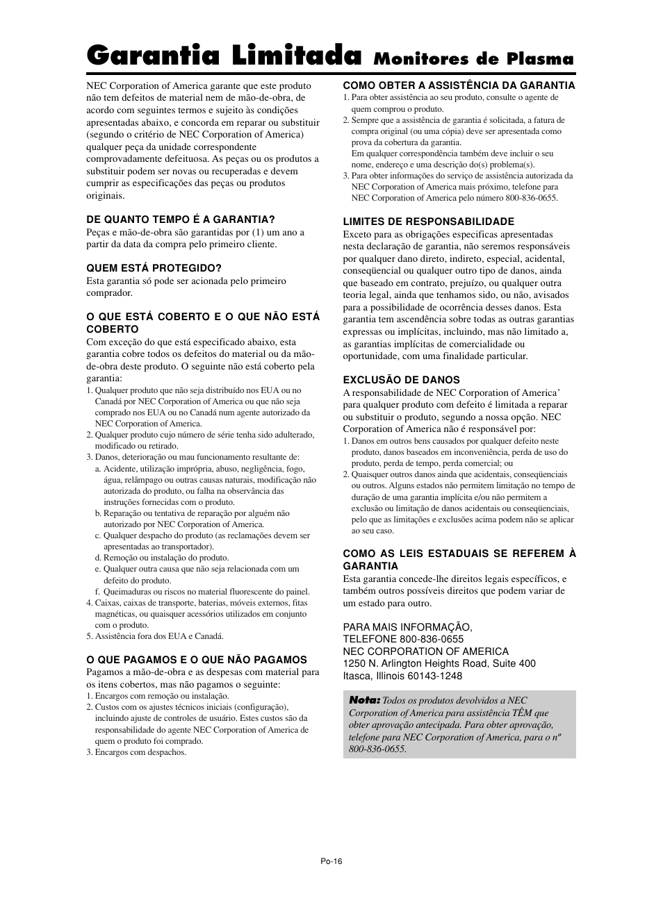 Garantia limitada, Monitores de plasma | NEC PX-60XM5A  EU User Manual | Page 66 / 68