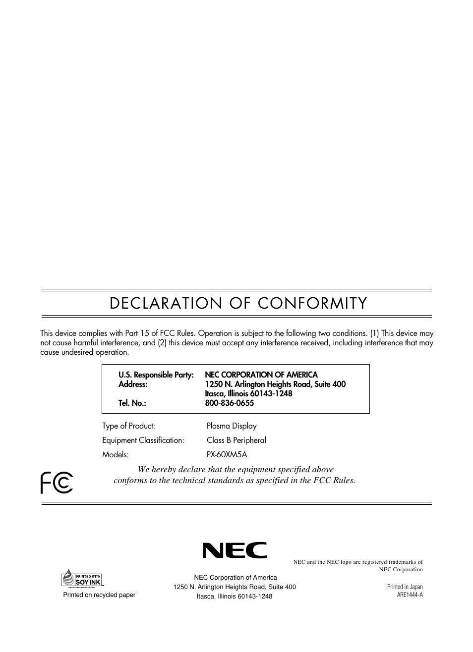 Declaration of conformity | NEC PX-60XM5A  EU User Manual | Page 68 / 68