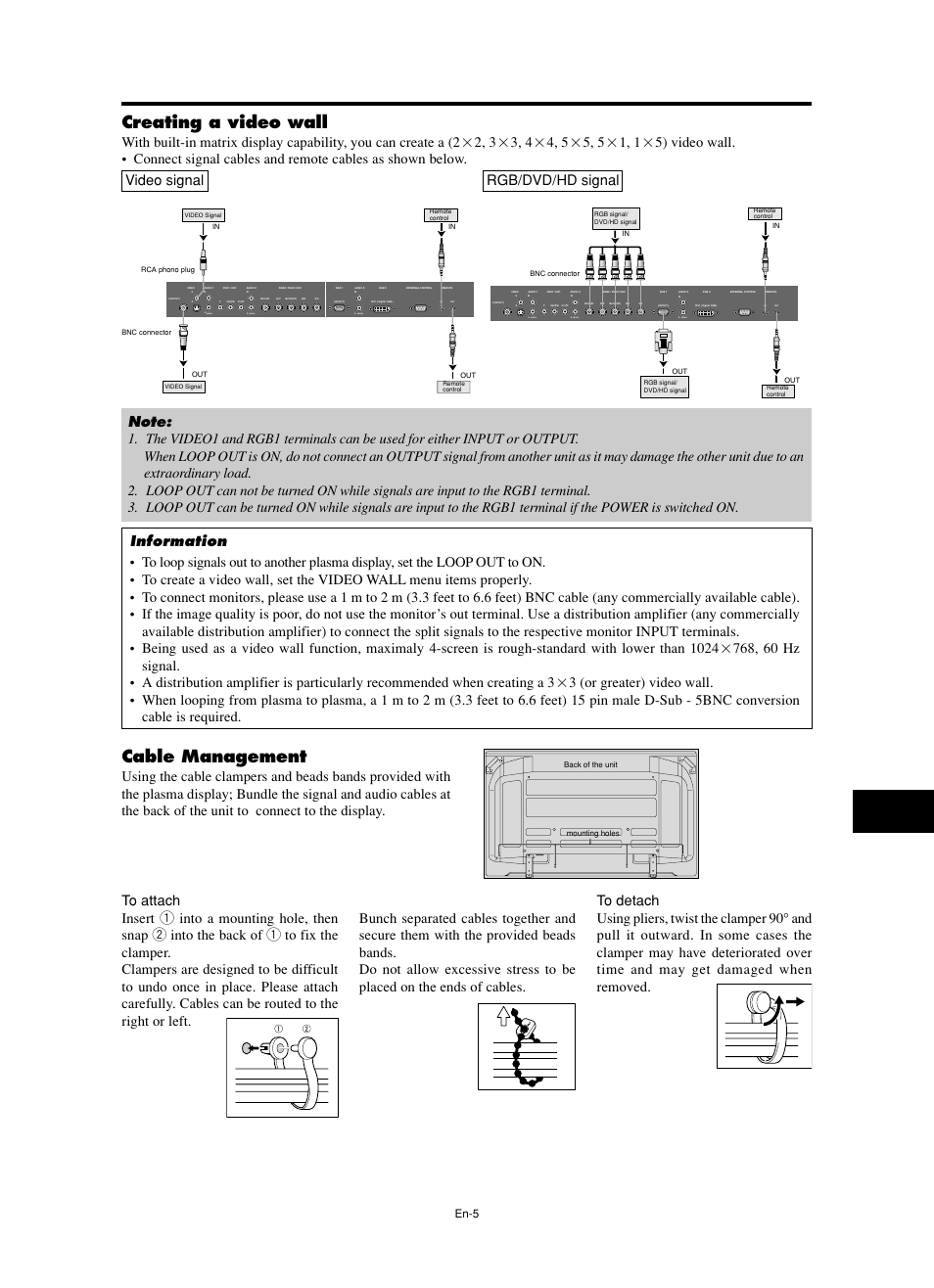 Creating a video wall, Cable management, Mono) | En-5 | NEC PX-60XM5A  EU User Manual | Page 7 / 68