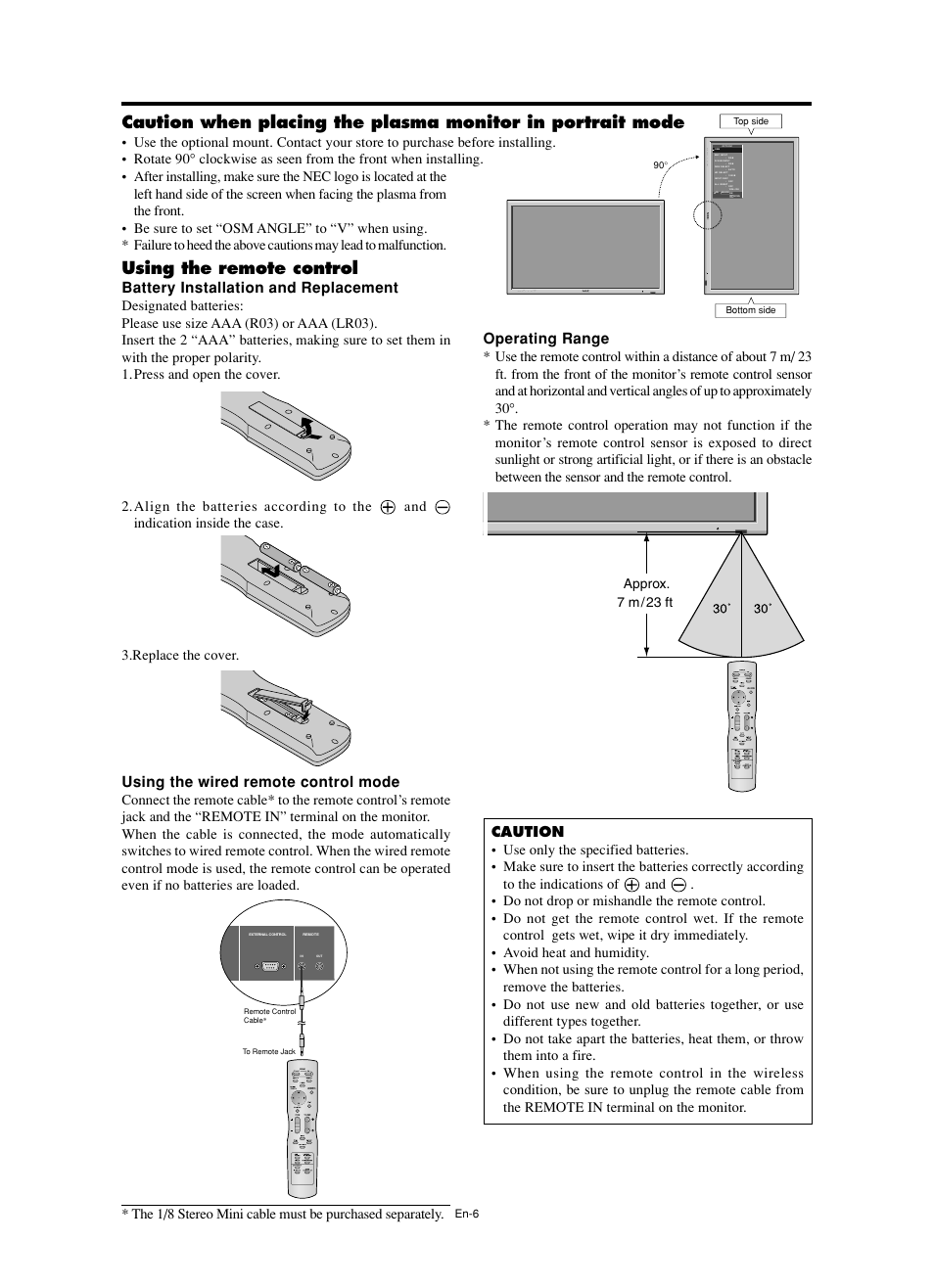 Using the remote control, Battery installation and replacement, Operating range | Using the wired remote control mode, Exit, Menu/enter | NEC PX-60XM5A  EU User Manual | Page 8 / 68